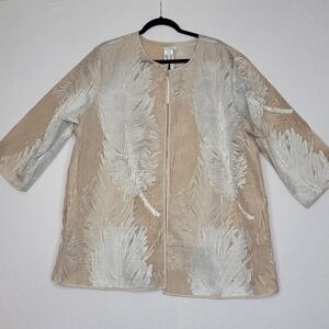 Chico's Travelers Organza Jacquard Jacket Cafe Aroma Feather Metallic Silver XXL